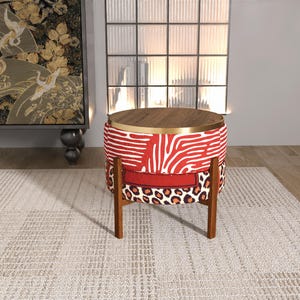 Rotes abstraktes Blatt Wendesitz | Leopard Muster Holz Beistelltisch RB 2112/2130