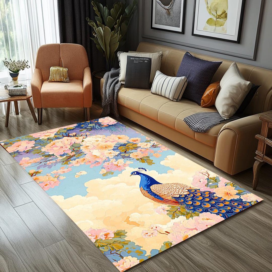 孔雀柄ラグ、芸術的なラグ、日常使いのラグ、リビングルームのラグ