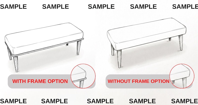 two identical line drawings of a bench, one with a frame and one without a frame. The bench with a frame is labeled with the "With Frame Option" text, while the bench without a frame is labeled with the "Without Frame Option" text.
