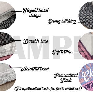 May include: Close-up images showcasing details of a textile product. Features include an elegant tassel design, strong stitching, a durable base, soft texture, and an aesthetic trend. The product offers a personalized touch.