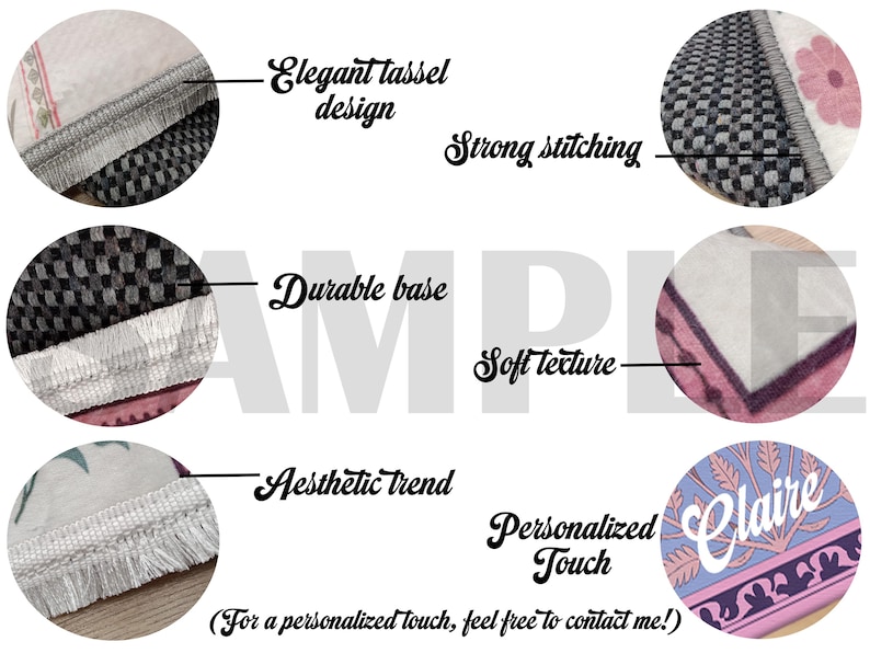 May include: Close-up images showcasing details of a textile product. Features include an elegant tassel design, strong stitching, a durable base, soft texture, and an aesthetic trend. The product offers a personalized touch.