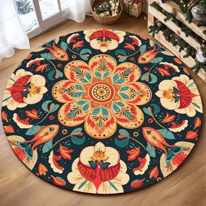 Flower print rug, Circle rug, Modern area rug, Ethnic design rug, Handmade rug, Cozy rug, Contemporary rug, Washable rug, Boho rug, RB-228