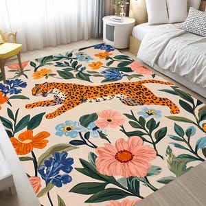Leopard print rug, Jungle rug, Illustrated rug, Wild flower rug, Anti slip rug, Living room rug, Washable rug, Everyday use rug, RB-807