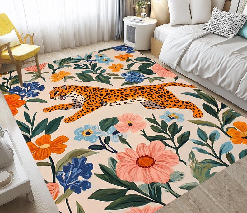 Leopard print rug, Jungle rug, Illustrated rug, Wild flower rug, Anti slip rug, Living room rug, Washable rug, Everyday use rug, RB-807