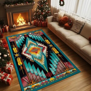 May include: A rectangular area rug with a Native American-inspired design. The rug features a central diamond shape with geometric patterns in turquoise, red, yellow, and black. Feather motifs and triangular borders complete the design. The rug is placed on a wooden floor.