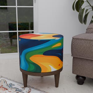 Textured upholstery, Round footstool, Front window bench, Colorful pouf stool, Elegant footrest, Artistic furniture, Designer round bench