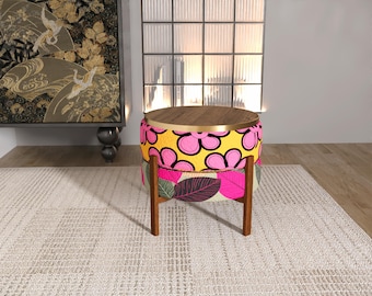Convertible Retro Pink Daisy Pouf | Vibrant Botanical Leaf Room Stool RB 2171/2546