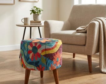 Flower motif pouf, Stool for accent, Handmade pouf, Ottoman footstool, Upholstered footrest, Round side table, Regular footstool, Home decor