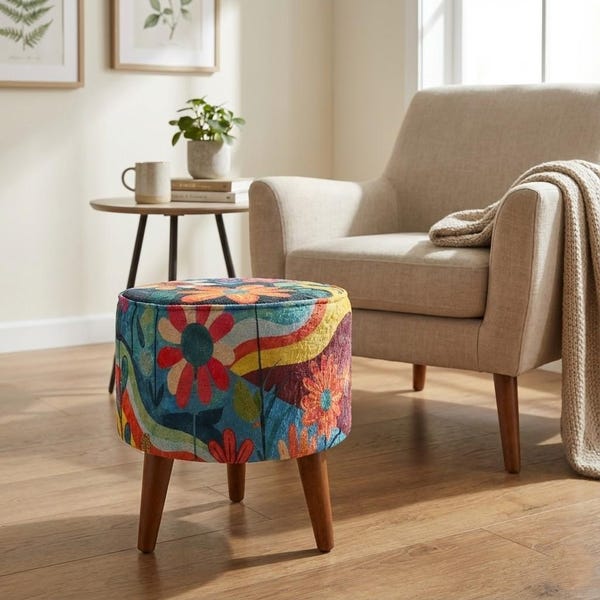 Flower motif pouf, Stool for accent, Handmade pouf, Ottoman footstool, Upholstered footrest, Round side table, Regular footstool, Home decor