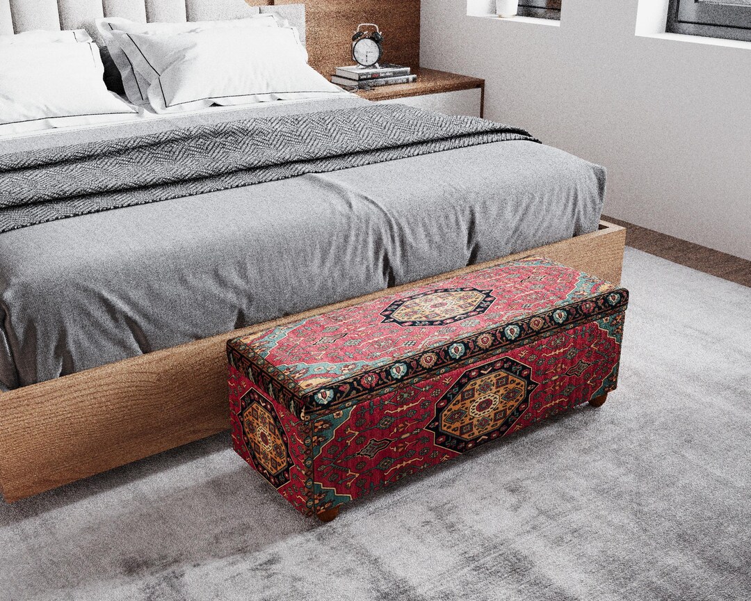 Vintage Style Muted Red Storage Bench, Antique Look Kilim Print Ottoman ...