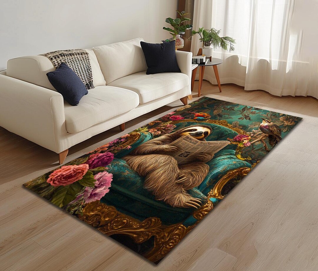 Sloth Print Rug, Brown Rug, Premium Design Rug, Flower Motif Rug, Long ...
