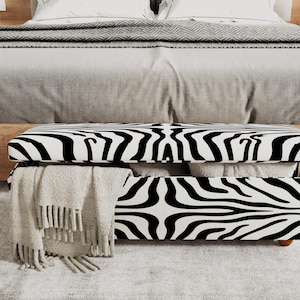 Classic Zebra Print Storage Bench | Black White Animal Pattern Ottoman Chest | Bedroom Seating
