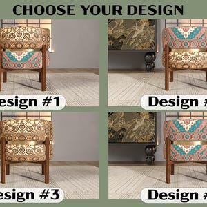 The image is a collage of four images, each depicting a different design of a chair. The chairs have a unique pattern and color scheme, and the text "CHOOSE YOUR DESIGN" is displayed above each chair.