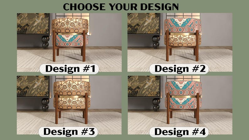 The image is a collage of four images, each depicting a different design of a chair. The chairs have a unique pattern and color scheme, and the text "CHOOSE YOUR DESIGN" is displayed above each chair.