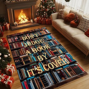May include: A brown and black area rug with a bookshelf design featuring a variety of colorful books. The rug has the text "Don't Judge A Book By It's Cover" in gold lettering.