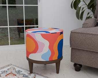 Multicolor footrest, Timeless round pouf, Small ottoman stool, Living room foot stool, Modern linen pouf, Handmade foot stool, Cozy Stool