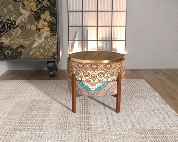 Luxurious Mustard Gold Ottoman | Trendy Teal Functional Timber Stool