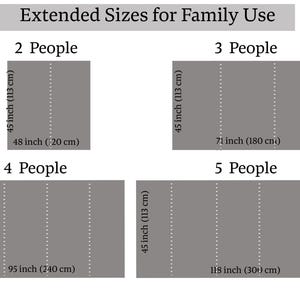 May include: Image showing size options for family use. Displays gray rectangles labeled for 2, 3, 4, and 5 people. Each rectangle has dimensions in inches and centimeters, with a dotted line down the center.