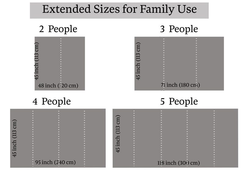 May include: Image showing size options for family use. Displays gray rectangles labeled for 2, 3, 4, and 5 people. Each rectangle has dimensions in inches and centimeters, with a dotted line down the center.