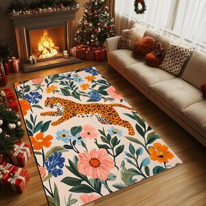 Leopard print rug, Jungle rug, Illustrated rug, Wild flower rug, Anti slip rug, Living room rug, Washable rug, Everyday use rug, RB-807