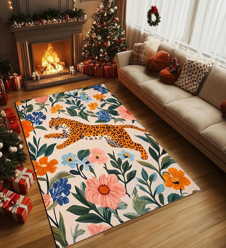 Leopard print rug, Jungle rug, Illustrated rug, Wild flower rug, Anti slip rug, Living room rug, Washable rug, Everyday use rug, RB-807