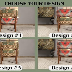 The image is a collage of four images showing different designs of chairs, each with a unique pattern and color scheme.