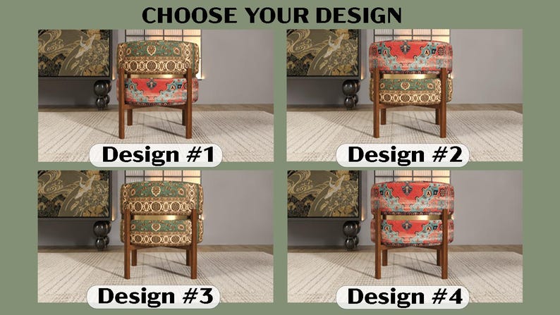 The image is a collage of four images showing different designs of chairs, each with a unique pattern and color scheme.
