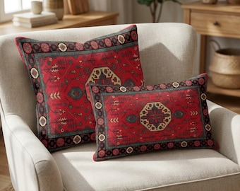 Burgundy anatolian throw pillow cover with distressed oushak patterns for elegant sofa, RB-2178