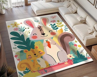 Rabbit print rug, Forest theme rug, Colorful rug, Girl room rug, Squirrel rug, Everyday rug, High traffic area rug, Washable rug, RB-1023