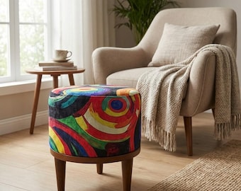 Multicolor footstool, Solid wood pouf, Ottoman round bench, Round coffee table, Glamory footstool, Wooden bench legs, Small stool entryway