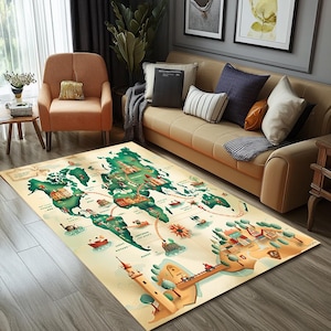 Tapis imprimé carte, Durable pour les tapis d'extérieur, Tapis tribal, Tapis primitif, Tapis de passage élégant, Tapis antidérapant, Tapis résistant aux taches, RB-612