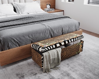 Animal Print Storage Ottoman Bench with Hidden Compartment, Upholstered End of Bed Bench RB 2129