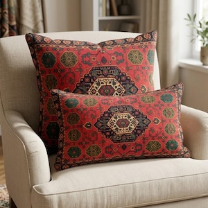 Red Turkish Kilim Pattern Pillow Cover, Double Sided Washable Fabric, RB-2235