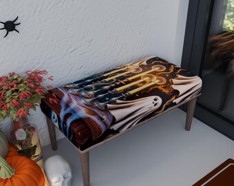 Kerzenhalterbank, Evokationssitz, Dunkles Thema, Halloween Pouf, Holztisch, Lange Ottomane, Fußbank, RB Bank 1794