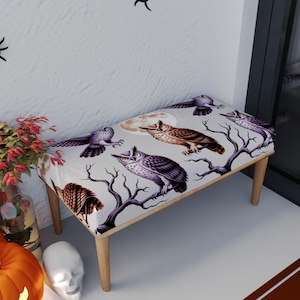 Full moon bench, Owl printed bench, Foyer pouf stool, Ottoman french table, Halloween furniture, Shower bench, Utility chair, RB bench 1863