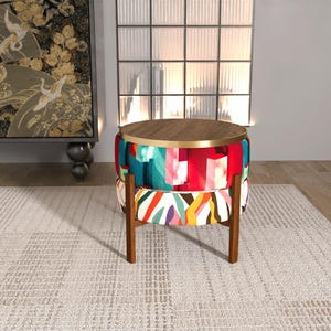 2-in-1 opvouwbare groenblauwe rode poef | Abstract geverfde bijzettafel RB 24/46