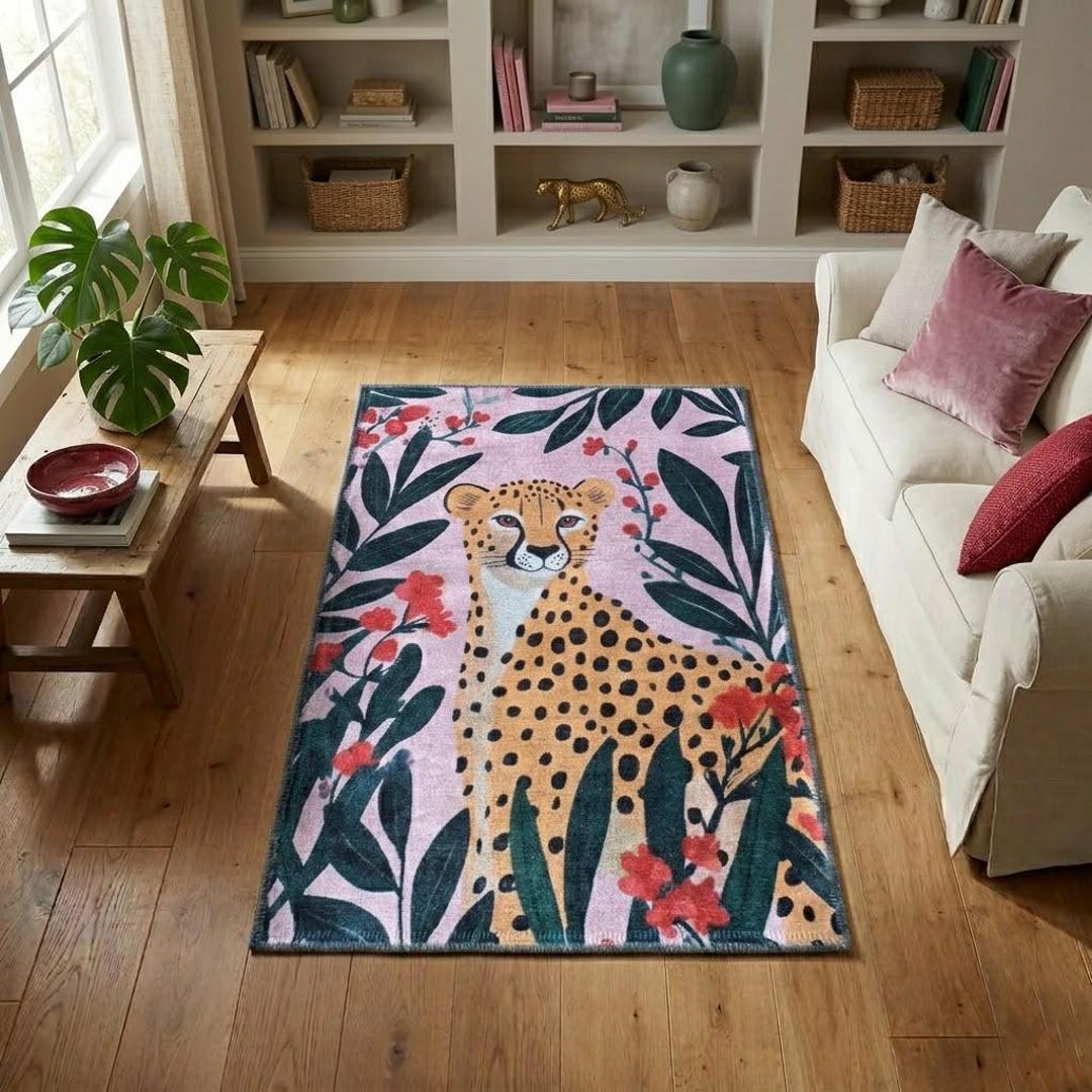 Cheetah Print Rug, Floral Rug, Cool Area Rug, Large Rug