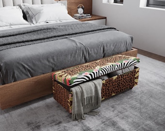 Floral Animal Print Storage Ottoman Bench, Upholstered End of Bed Bench with Hidden Storage RB 2090