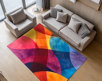 Multicolor Abstract Circles Rug, Vibrant Artistic Living Room Carpet, Modern Washable Geometric Area Rug, Bold Floor Decor, RB-25