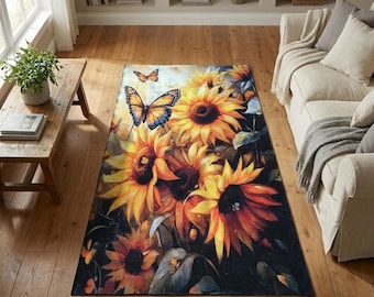 Sunflower print rug, Butterfly rug, Yellow rug, Rug for kitchen, Surface rug, Rectangle rug, Machine washable rug, Non slip rug, RB-925