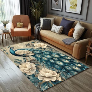 Peacock Print Rug, Luxurious Rug, Saloon Rug, Home Entrance Rug, Cool Decoration Rug, Floral Rug, Washable Rug, Non Slip Rug, RB-1304