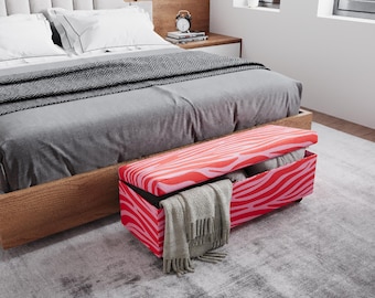 Pink Zebra Storage Ottoman Bench - Upholstered End of Bed Seat RB 2150