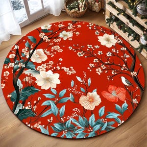Floral rug, Round print rug, Red color rug, Bright rug, Primitive rug, Patio rug, Under table rug, Modern area rug, Non slip rug, RB-774