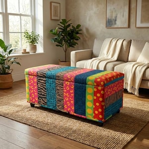 Colorful Patchwork Storage Ottoman Bench, Modern Upholstered End of Bed Bench with Hidden Storage RB 2081