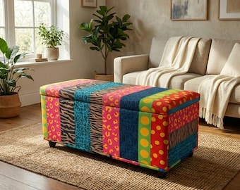 Ottomaanse bank met kleurrijke patchwork opberger, moderne gestoffeerde bank aan het einde van het bed met verborgen opbergruimte RB 2081
