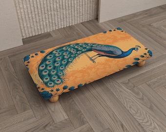 Orange Teal Peacock Small Accent Footstool | Exotic Bird Boho Home Decor, RB-2405