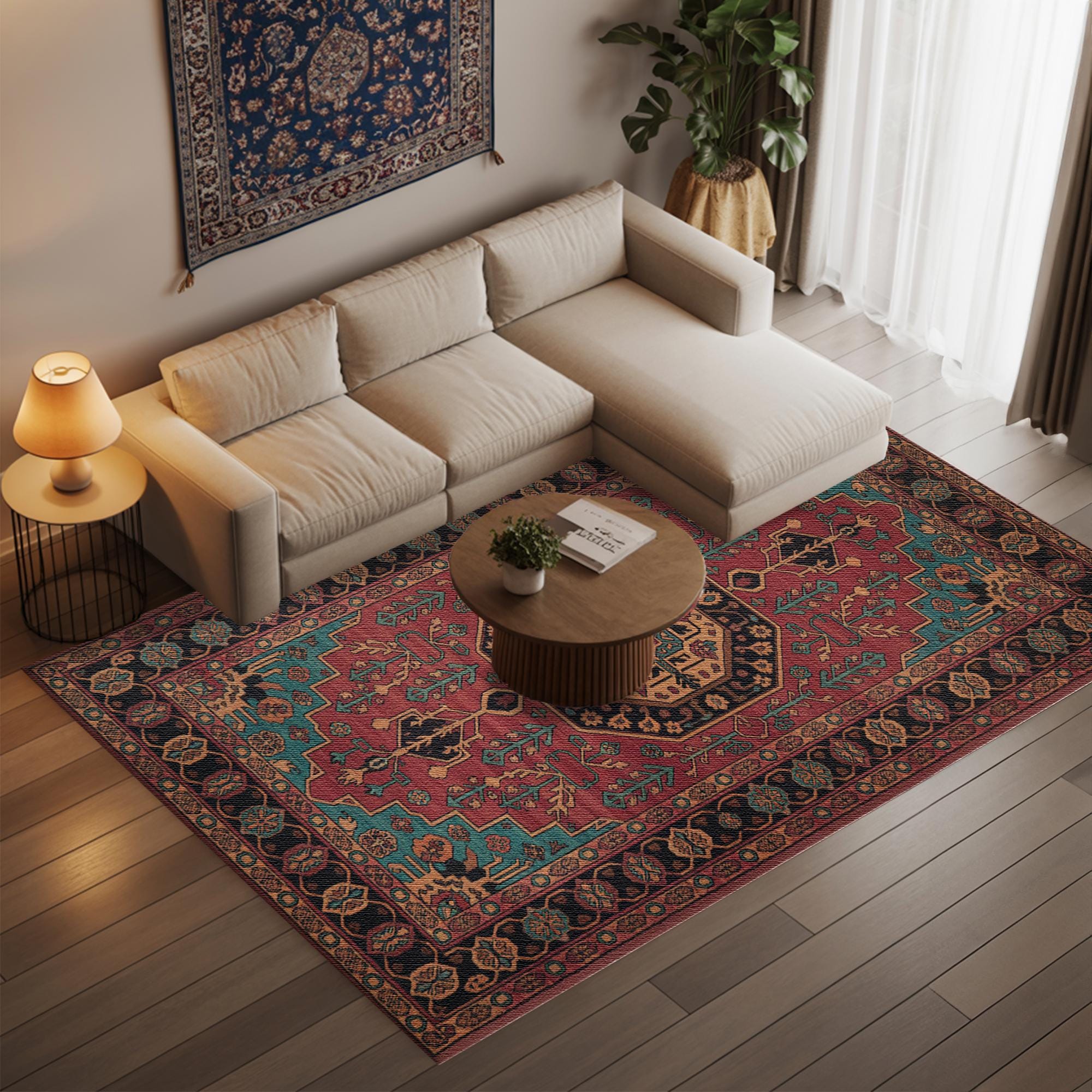 Rust Red Oriental Rug With Teal Corner Details for Vintage Living