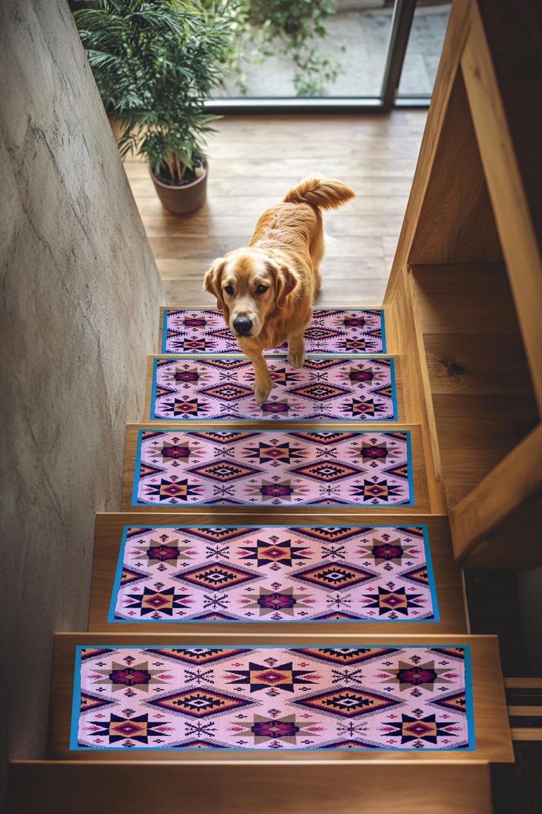Pink Aztec Patterns to Upgrade Wood Steps | Synthetic Back Rug, RB-2401 ...