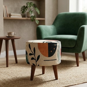 Pouf con motivo a foglie, poggiapiedi portatile, panca rustica da ingresso, piccola sedia in legno, tavolino ottomano, sgabello rotondo imbottito, poggiapiedi boho