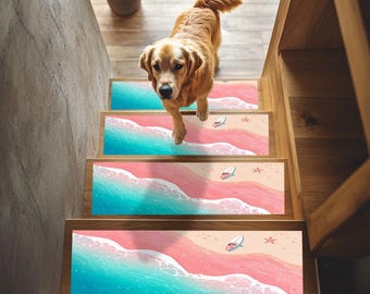 Coastal stair treads rug, Cool stair treads, Machine washable mat, Skid resistant rug, Cute step decoration, Safety stair rug, RB-298